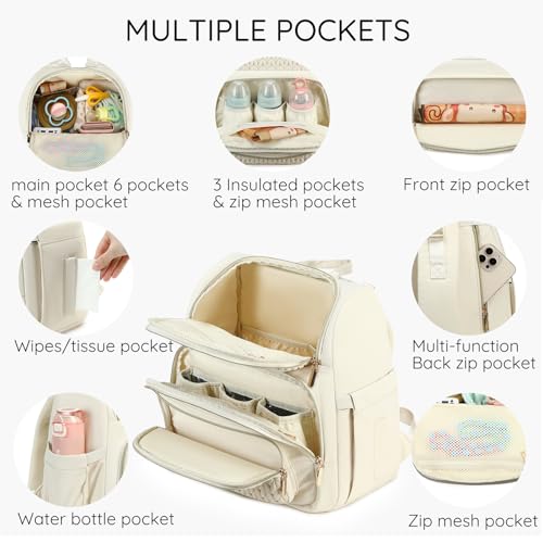 MAPLELILY Large Diaper Bag Backpack, Stylish Baby Travel Diaper Bag, Beige | Waterproof lightweight maternity hospital backpack. With changing pad, stroller straps, insulated pocket. Mom, dad, toddler - color: Beige