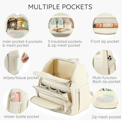 MAPLELILY Large Diaper Bag Backpack, Stylish Baby Travel Diaper Bag, Beige | Waterproof lightweight maternity hospital backpack. With changing pad, stroller straps, insulated pocket. Mom, dad, toddler - color: Beige