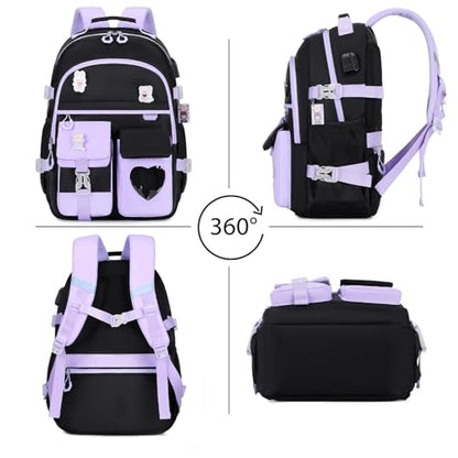 ACESAK Backpack for Girls - Bookbag Backpacks Schoolbag for Girls Kids Teen Women Casual Travel Daypacks - School Bag Elementary Middle School College Cute Backpack with Lunch Box (Purple Black) - color: Purple Black