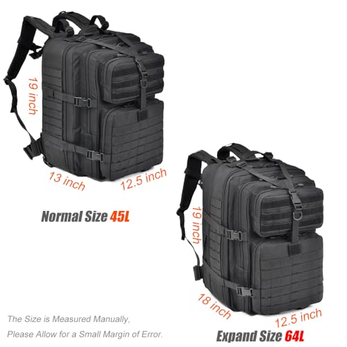 64L Large Tactical Backpack, Military Backpack, Molle Backpack, Tactical Bag, Hiking Daypacks (3, black)