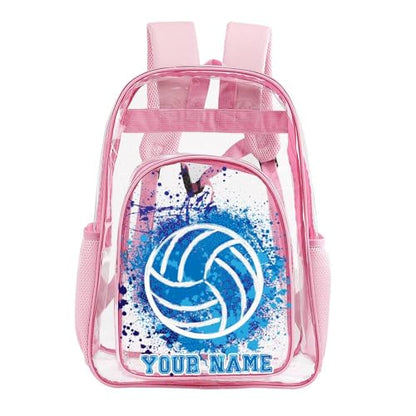 Custom Volleyball Clear Backpack Heavy Duty for Girls Kids Boys | Large Cool PVC Volleyball Theme Printing Transparent Backpacks for Schools Stadium Concerts Work - Clear/Pink - color: Volleyball Clear Backpack 2 Pink With Front Pocket Custom