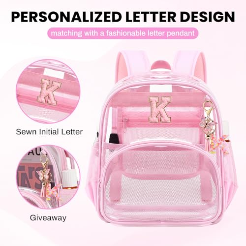 PIG PIG GIRL Clear Backpacks for Stadium Events Approved 12×6×12 Clear Bookbag for Women Mini Transparent Letter Back Pack, Pink, Letter-K - color: Pink, style: K