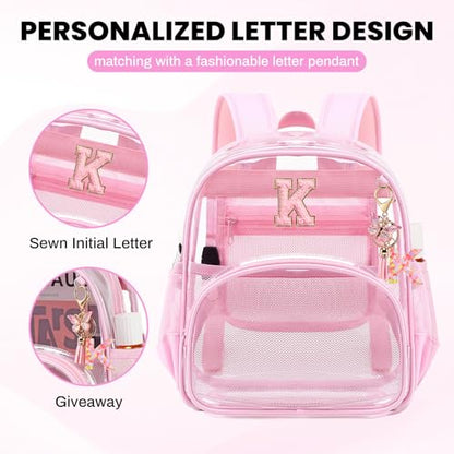 PIG PIG GIRL Clear Backpacks for Stadium Events Approved 12×6×12 Clear Bookbag for Women Mini Transparent Letter Back Pack, Pink, Letter-K - color: Pink, style: K