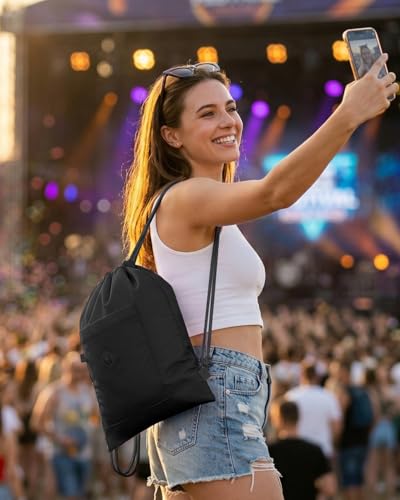 BAVELOE Drawstring Backpack Sports Gym Sackpack with Pockets Water Resistant Cinch String Bag for Women Men（Black） - color: Black