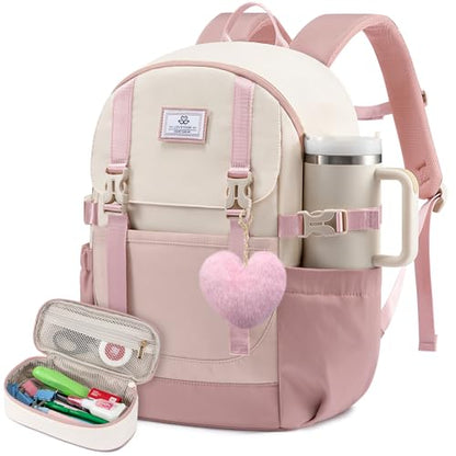 LOVEVOOK School Backpack for Teen Girls, Waterproof Travel College Bookbag for Middle High School with Large Cup Holder & Pencil Case, Fits 15.6'' Laptop, Cute Aesthetic Kids Student Backpack - color: Pink