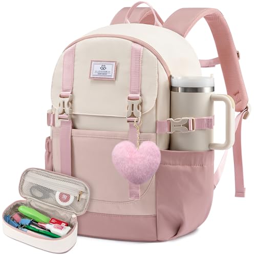 LOVEVOOK School Backpack for Teen Girls, Waterproof Travel College Bookbag for Middle High School with Large Cup Holder & Pencil Case, Fits 15.6'' Laptop, Cute Aesthetic Kids Student Backpack - color: Pink