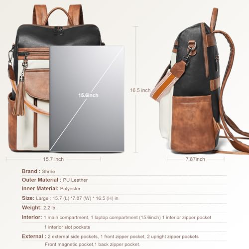 Shrrie Laptop Backpack for Women 15.6 inch,Travel Leather Backpack Purse Nurse Teacher Carry on Backpack Computer Bag,Professional Water-Resistant College Business Work Casual Daypack,Two-tone Maroon - color: Black With Brown and White