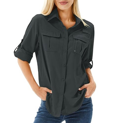 Women's UPF 50 Long Sleeve Sun Protection Safari Fish Hiking Shirts - color: Black Grey, size: Medium