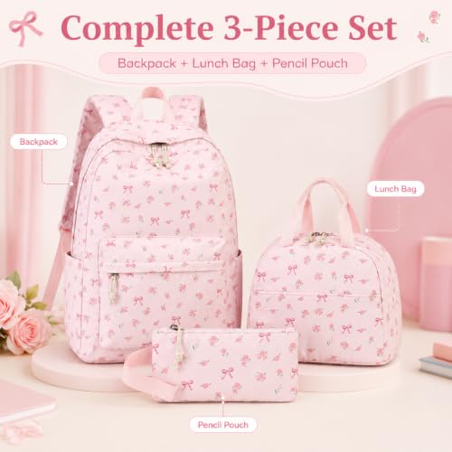 Bluboon Teen Girls School Backpack Kids Bookbag Set with Lunch Box Pencil Case Travel Laptop Backpack Casual Daypacks (Pink bow tie) - color: Pink Bow Tie