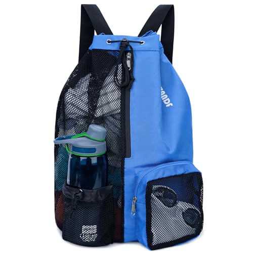 WANDF Swim Bag Mesh Drawstring Backpack with Wet Pocket for Swimming, Gym, and Workout Gear - color: Navy Blue, size: Large