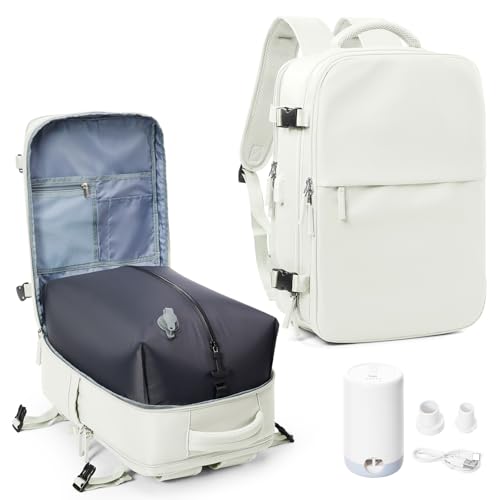 suwasp Vacuum Compression Backpack, 45L Expandable Travel Backpack with Electric Vacpack Pump, Travel Vacuum Bags with Shoe Compartment/17inch Laptop Compartment/USB Port, White - color: White, size: Medium
