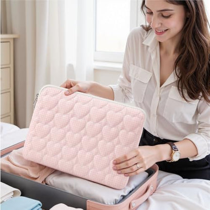 13-14 inch Cotton Quilted Laptop Sleeve for Women, Aesthetic Puffy Laptop Case Carrying Bag Compatible with MacBook Air/Pro 13/Pro 14, Soft Computer Liner Bag (Pink Gingham, 13.3inch) - color: Pink Gingham, size: 13.3 inch