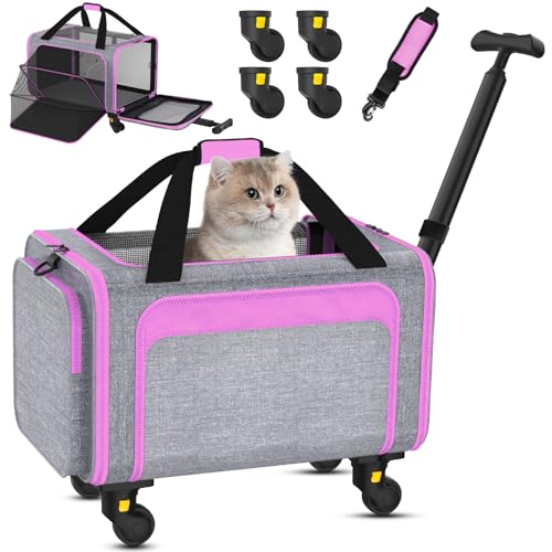 Rolling Pet Carrier with Detachable Wheels - 18x11x11 TSA Airline Approved for Southwest Delta United American, Soft Sided Expandable Travel Bag for Small Dogs & Cats up to 15Lbs, Fits Under Seat - color: Pink