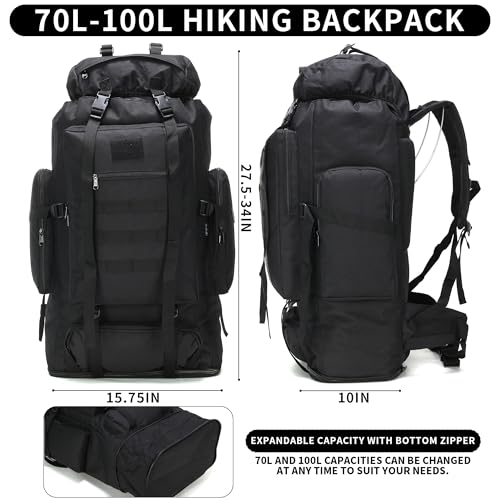 Hiking Backpack for Men 70L/100L Camping Backpack Military Rucksack Molle 3 Days Assault Pack for Climbing - color: 100l-black