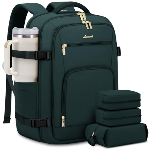 LOVEVOOK Travel Backpack For Women Flight Approved, 50L Large Carry On Backpack For Airplanes, Personal Item Travel Bag, Waterproof 18 Inch Laptop Backpack For Business Weekender Overnight, 4Pcs Set - color: Dark Green, size: 50l-18 Inch-4pcs