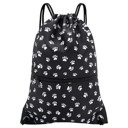 HOLYLUCK Drawstring Backpack Bag Sport Gym Sackpack - color: Black Background White Dog Paw Prin