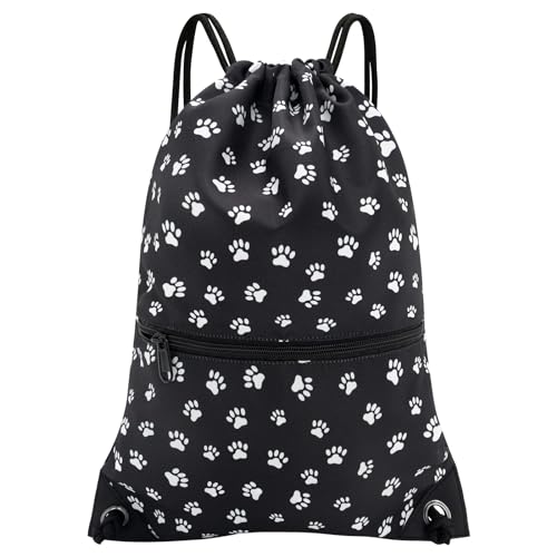 HOLYLUCK Drawstring Backpack Bag Sport Gym Sackpack - color: Black Background White Dog Paw Prin