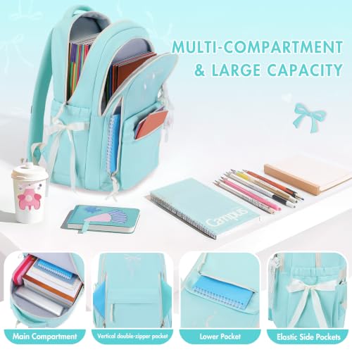 Kids Backpack for Girls - 3PCS Cute Embroidered Bow Girls Backpack with Insulated Lunch Bag & Pencil Case - Bookbag for Teen Women Middle High School College Work Travel Daypack - color: Mint