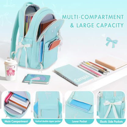 Kids Backpack for Girls - 3PCS Cute Embroidered Bow Girls Backpack with Insulated Lunch Bag & Pencil Case - Bookbag for Teen Women Middle High School College Work Travel Daypack - color: Mint
