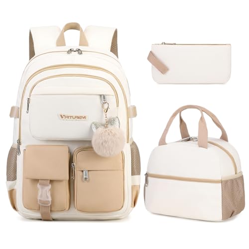 3PCS School Backpack For Student Women College Middle High Teen Girls Bookbag Waterproof Laptop Bag Beige Khaki - color: Beige Khaki