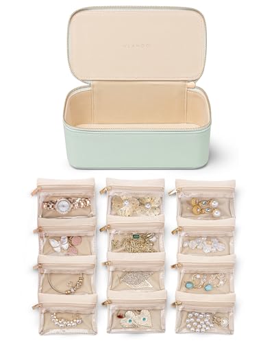 VLANDO Jewelry Organizer with 12 Velvet Jewelry Bags Travel Jewelry Case for Girls Premium Petal Hardware Jewelry Box Necklace Rings Earrings Bags Birthday Holidays Gifts for Self-Mint Green - color: 12PCS-Mint Green