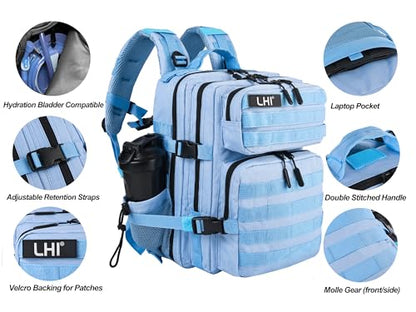 LHI Tactical Military Backpack for Men and Women 25L/35L Army Assault Pack Bag Small Rucksack with Bottle Holder - color: 25l-light Blue, size: Small