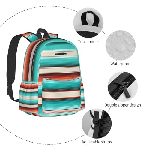 Mexican Turquoise Aztec Western Backpack Boho School Bag Stripes Lightweight Bookbag Casual Daypack for Girls Boys Kids Women Men Travel Laptop 16 Inch - color: Western