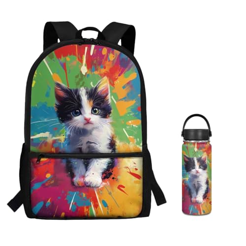ZOUTAIRONG School Bags and Small Thermos, Colorful Inkjet Cat Design Large Capacity Fashion Casual Backpack with Side Pockets for Mini Water Bottle - color: Colorful Inkjet Cat