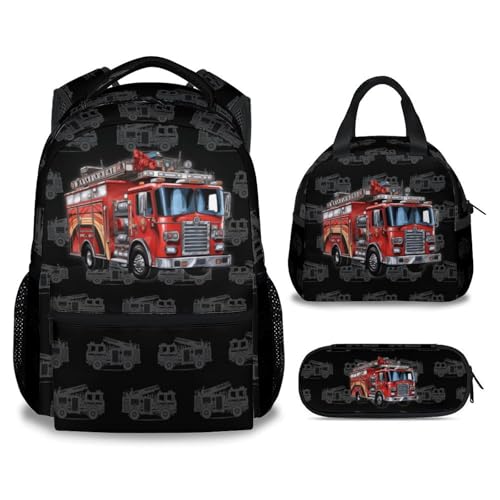 Kids Backpack Set for Boys, 17 Inch Backpacks with Lunch Box for Kids, 3 in 1 Cute Fire Truck Bookbag for School Travel - color: Style-4