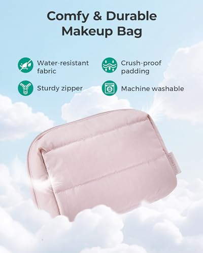 BAGSMART Puffy Makeup Bag, Wide Opening Cosmetic Organizer, Soft Water-Resistant Travel Toiletry Pouch for Women for Purse, Compact & Spacious - color: 02-Green checkered