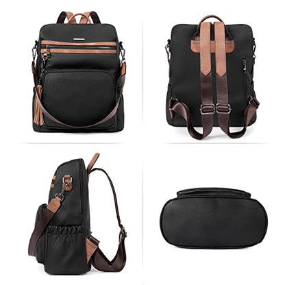 CLUCI Backpack Purse for Women Fashion Leather Designer Travel Large Ladies Shoulder Bags with Tassel Oil Wax Black - color: Black With Brown