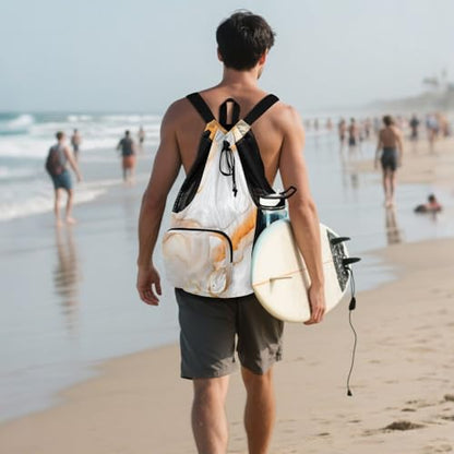 Drawstring Bags For Men Women Climbing Gym Bag With Pockets String Bag Waterproof Marble White Orange - color: Color 23