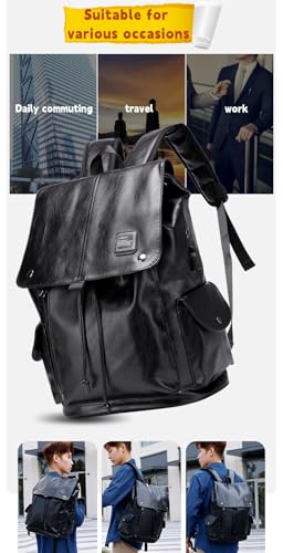 Soft leather backpack, casual PU backpack men women. USB charging port. Suitable for work, commuting, traveling, etc. Waterproof. (Black) - color: Black