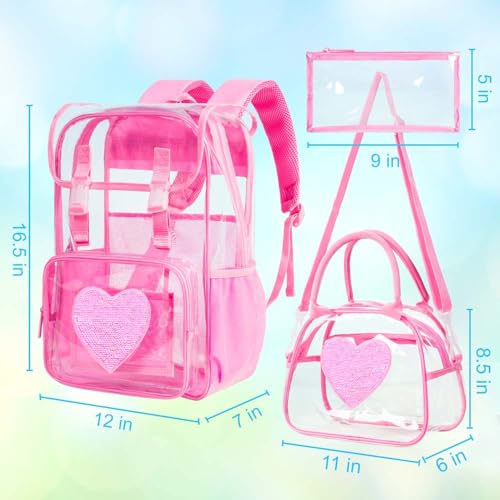 3PCS Pink Clear Backpack, Heavy Duty Transparent Bookbag for Girls Women, Stadium Approved See Through Backpack Set (Pink Sequins) - color: Pink Sequin
