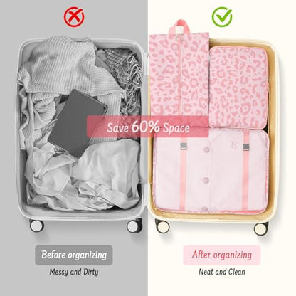 9 Set Packing Cubes for Travel Essentials - Lightweight Carry-On Luggage Organizer Bags with Shoe, Clothes & Laundry Bags for Airplane, Family & Business Travel, Pink leopard print - color: Pink leopard print