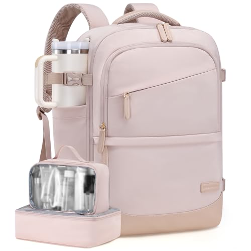 LOVEVOOK Travel Backpack for Women & Men, 40L Carry on Backpack Airline Approved, Large TSA Personal Item Travel Bag fits 17.3" Laptop, Business Weekender Bag for Essentials, 4Pcs - color: Nude Pink, size: 17.3 Inch-4Pcs