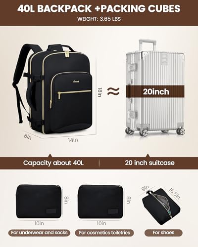 LOVEVOOK 40L Travel Backpack Flight Approved Carry on Backpack,3 Packing Cubes,Waterproof Personal Item Travel Bag,TSA Carry on Luggage Suitcase Travel Essentials,Gifts for Women & Men,fits 17" Laptop - color: Grayish-brown - Dark Brown, size: Large-40L-4