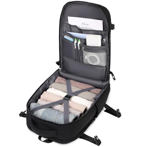 MOONBABY Travel Backpack for Women Men Carry On Flight Approved 3pcs Set Personal Item Travel Bag With Luggage Strap - color: Black