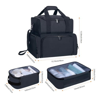 Large Makeup Cosmetic Bag with 3 Removable Case and 2 Removable Dividers Double Layer Travel Storage Organizer, Makeup Brushes Storage Section Black - color: Black
