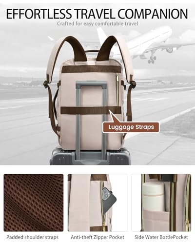 40L Travel Backpack for Women, Carry On Bag Flight Approved, Waterproof Backpack with 3 Packing Cubes, Weekender Personal Item Bag for Airplane Travel Essentials, TSA Approved - color: Blush-beige-dark Brown