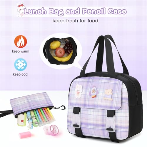 FIXITOK 3PCS School Backpack for Girls, Girls Backpack with Lunch Box, Pencil Case, Cute Kawaii Plaid Book Bag for Teen Girl Kindergarten Elementary Preschool Middle High School, Black Purple - color: Black Purple