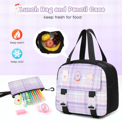FIXITOK 3PCS School Backpack for Girls, Girls Backpack with Lunch Box, Pencil Case, Cute Kawaii Plaid Book Bag for Teen Girl Kindergarten Elementary Preschool Middle High School, Black Purple - color: Black Purple