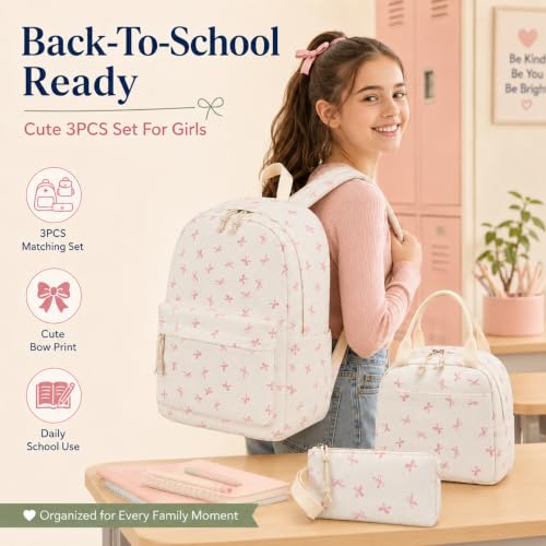 Bluboon School Backpack Set Girls Womens Laptop Bookbag Casual Daypack Fits 15 inch Laptop with Lunch Tote Bag and Pencil Bag - color: Pink Bow Polka Dot Beige