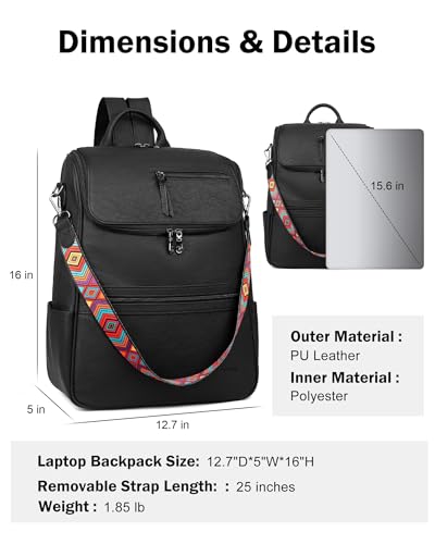 FADEON Laptop Backpack for Women Leather Travel Backpack with Laptop Compartment, Designer PU Shoulder Laptop Bag Black - color: Black Retro Style
