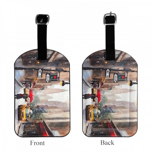 New York Street View Leather Luggage ID Tag Woman Under an Red Umbrella Cityscape Modern Artwork Baggage Tags with Full Privacy Cover for Travel Bag Suitcase Set, 1 Pack - color: New York Street View