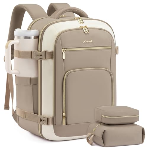 LOVEVOOK Travel Backpack For Women Flight Approved, 40L Carry On Backpack, Personal Item Travel Bag for Airplanes, Business Weekender Fit 17 Inch Laptop, Waterproof Overnight Daypack with 2 Cubes - color: Dark Khaki-beige-light Khaki, size: 40l-17.3 Inch-