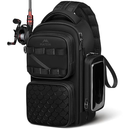 MATEIN Fishing Sling Bag with Lure Rod Holder & Phone Pouch, Waterproof 3600 Tackle Box Backpack with Removable Bait Binder - color: Black