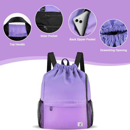 Drawstring Backpack with Mesh Pockets String Gym Bag Sackpack Sandproof Water Resistant Beach Backpack for Men Women - color: Light Purple Gradient