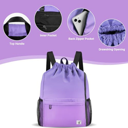 Drawstring Backpack with Mesh Pockets String Gym Bag Sackpack Sandproof Water Resistant Beach Backpack for Men Women - color: Light Purple Gradient