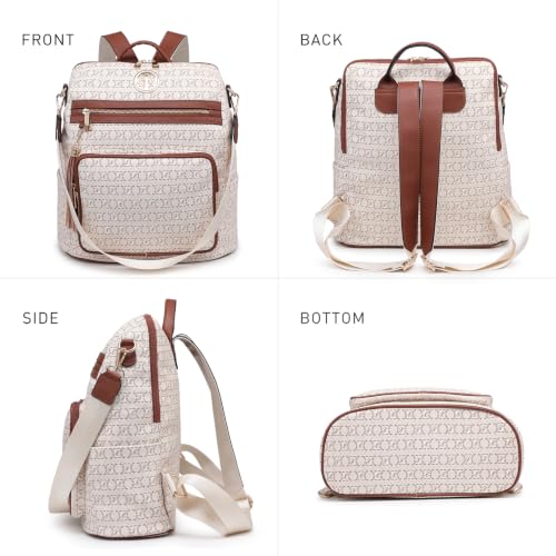 Women's Convertible Backpack Purse, Large Leather Travel Backpack 2PC Set - color: Beige